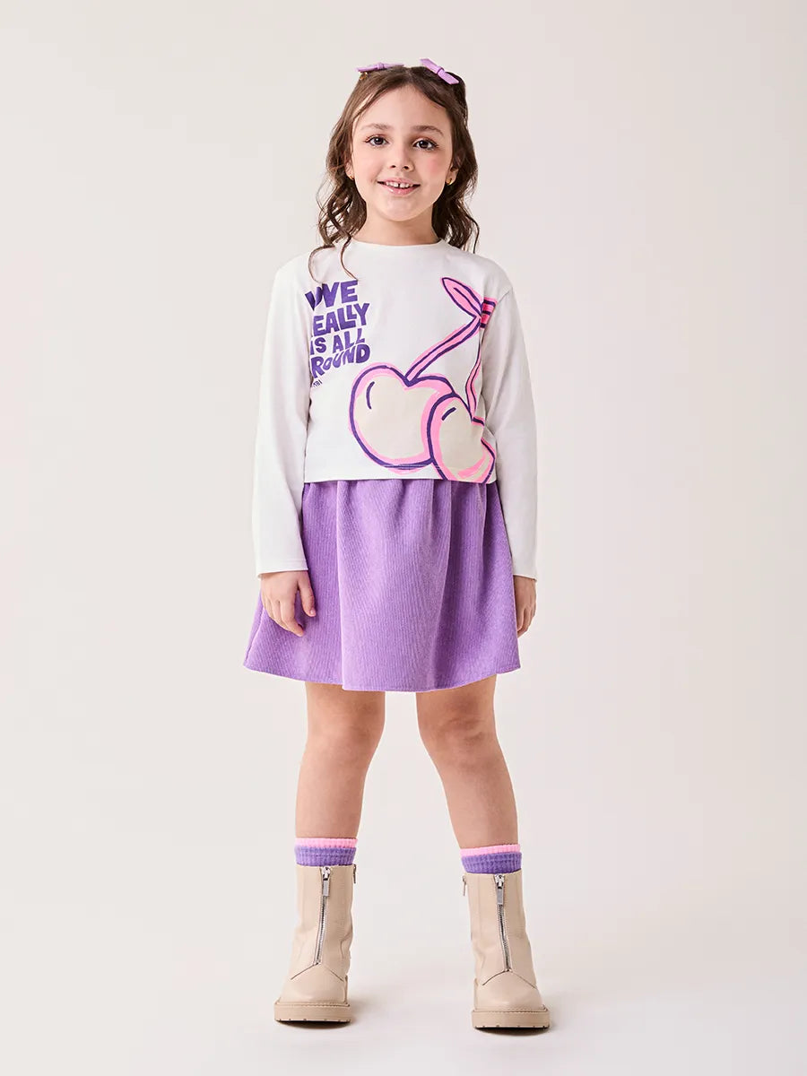 Conjunto Infantil Bimbi Inverno com Saia Roxa e Blusa Branca Manga Longa Uvinha