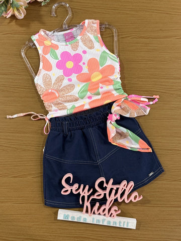 Conjunto Infantil Cinti Verão Shorts Saia e Regata Flor