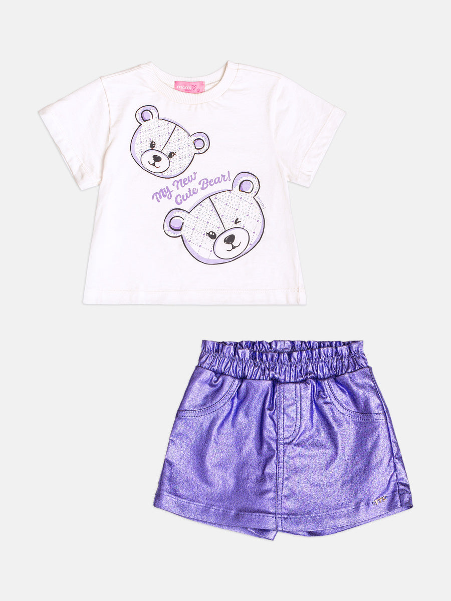 Conjunto Infantil Momi Inverno com Shorts Lilás e Blusa Manga Curta Ursinhos Cute