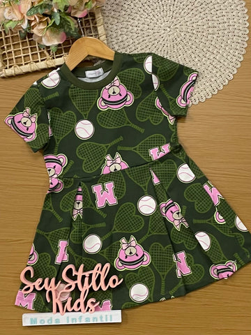 Vestido Infantil Momi Inverno Verde Ursinha Tênista