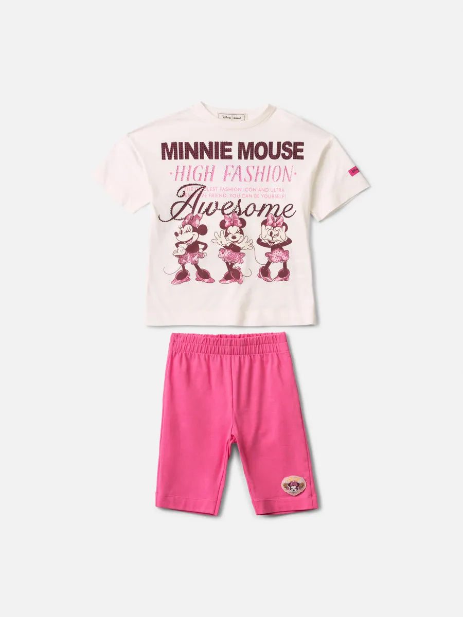 Conjunto Infantil Menina Animê com Shorts Ciclista Rosa e Blusa Branca Minnie Fashion Disney