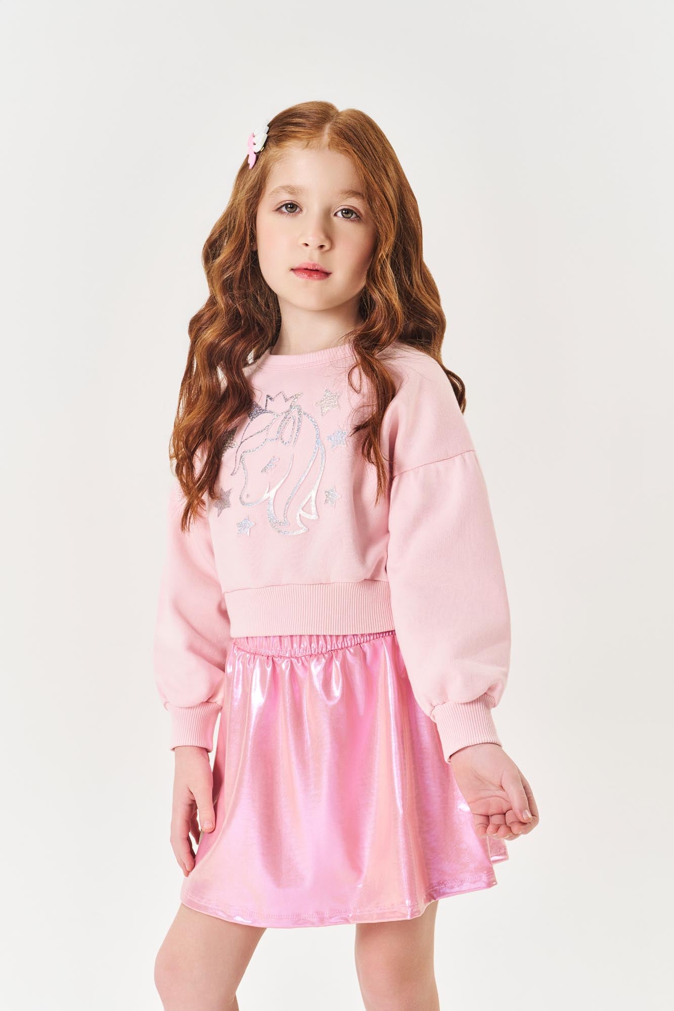 Conjunto Infantil Cinti Inverno Saia e Moletom Flanelado Rosa Unicórnio