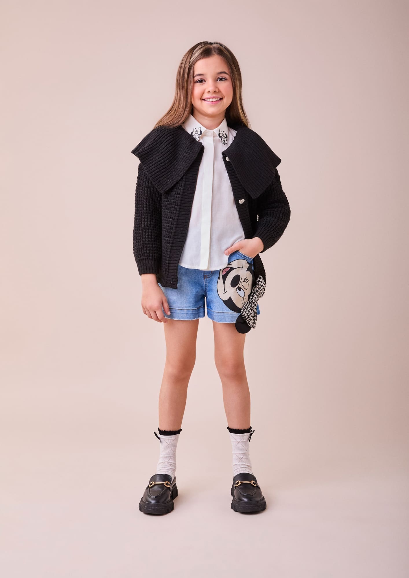 Shorts infantil Animê Jeans Minnie com Laço Disney