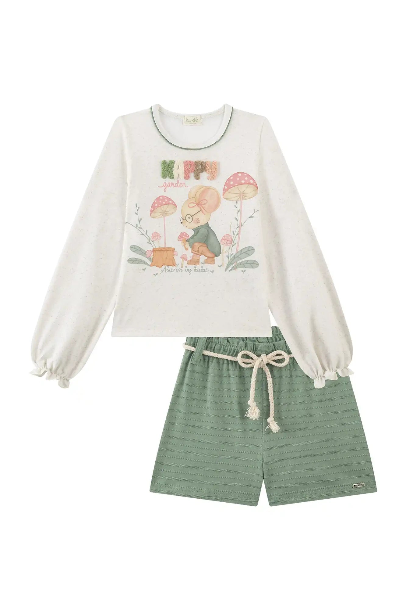 Conjunto Infantil Kukiê Inverno com Shorts Verde e Blusa Manga Longa Happy