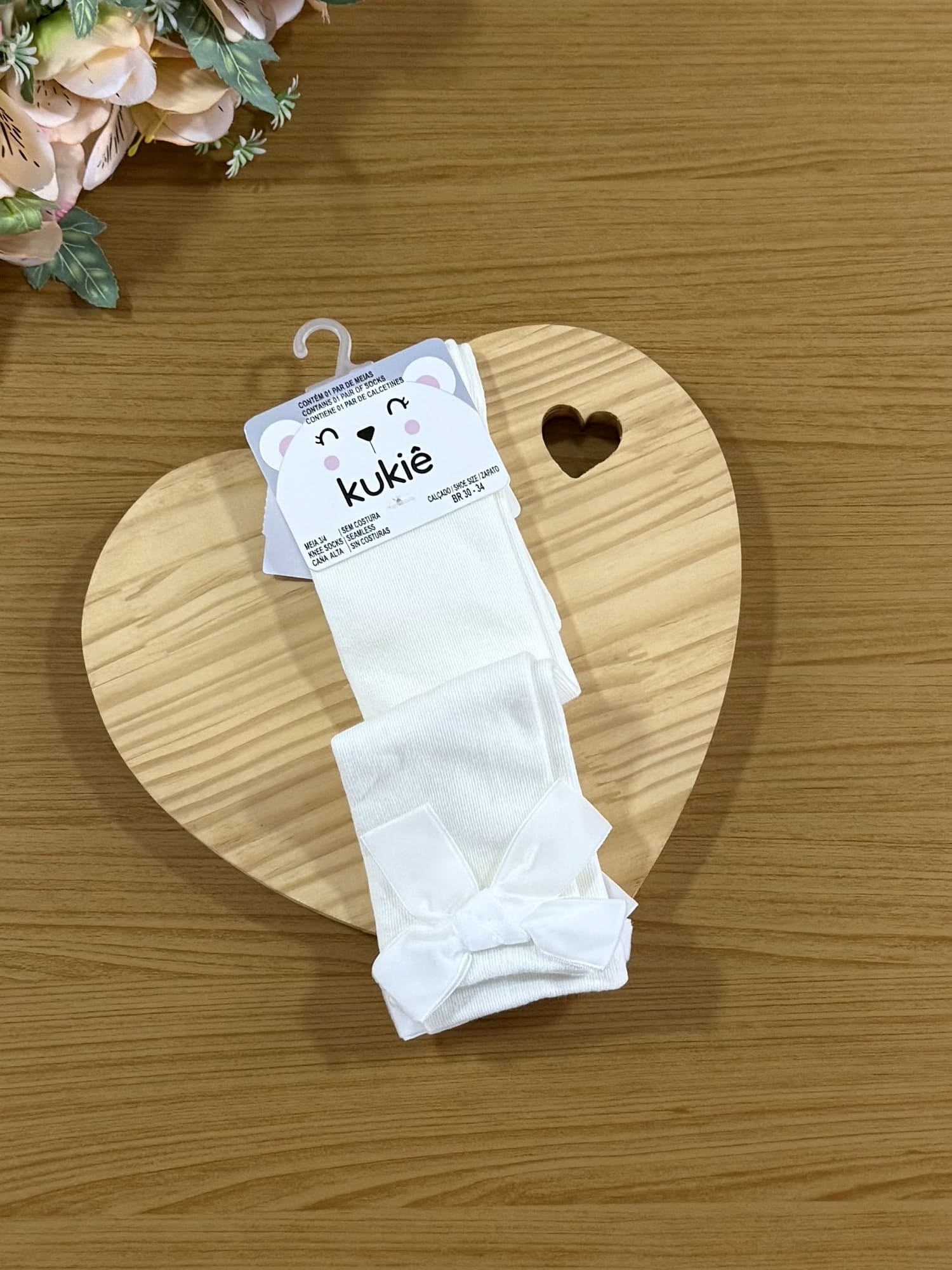 Meia Infantil 3/4 Kukie Inverno Off White Laço