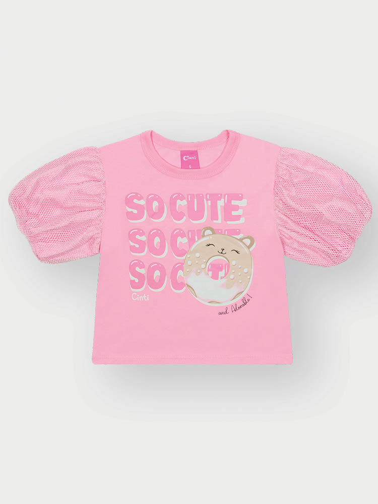 Conjunto Infantil Cinti Verão com Shorts e Blusa Rosa com Manga em Tela Cute