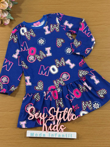 Vestido Infantil Momi Inverno Azul  Letras Com Oncinhas