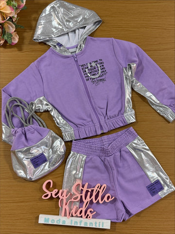 Conjunto Infantil Catavento Inverno Shorts Jaqueta Moletinho  e Bolsa Brilho Lilás