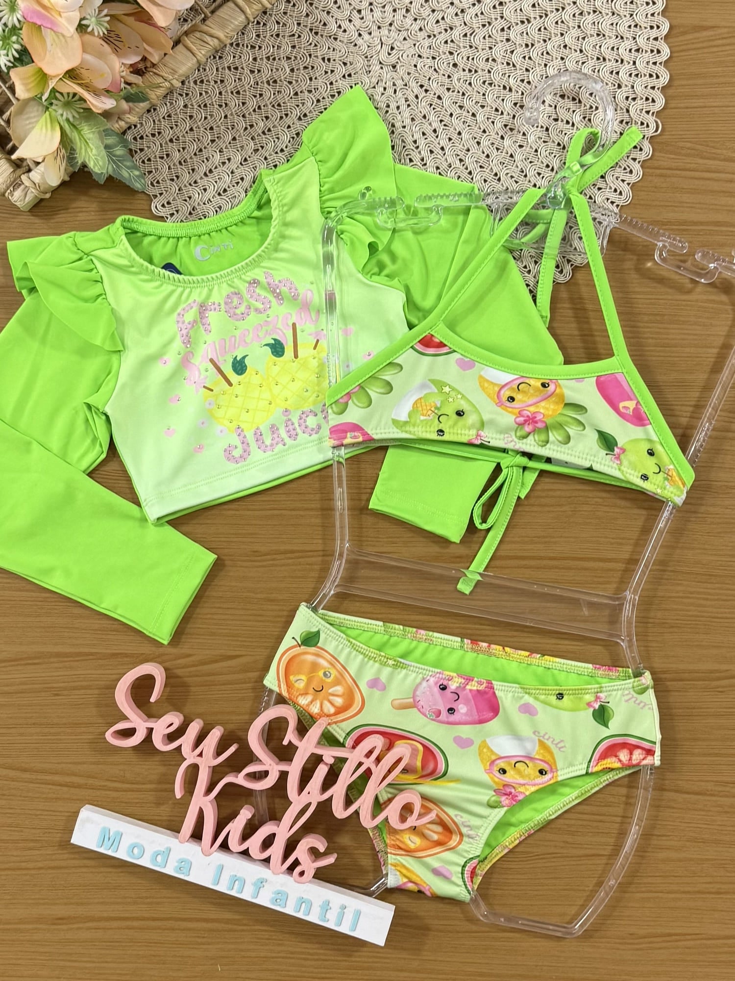 Biquíni Infantil Cinti Verão com Cropped  Manga Longa Verde Neon Fresh