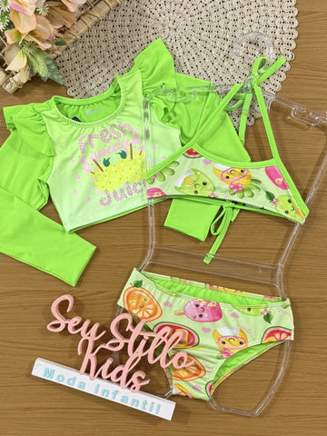 Biquíni Infantil Cinti Verão com Cropped  Manga Longa Verde Neon Fresh