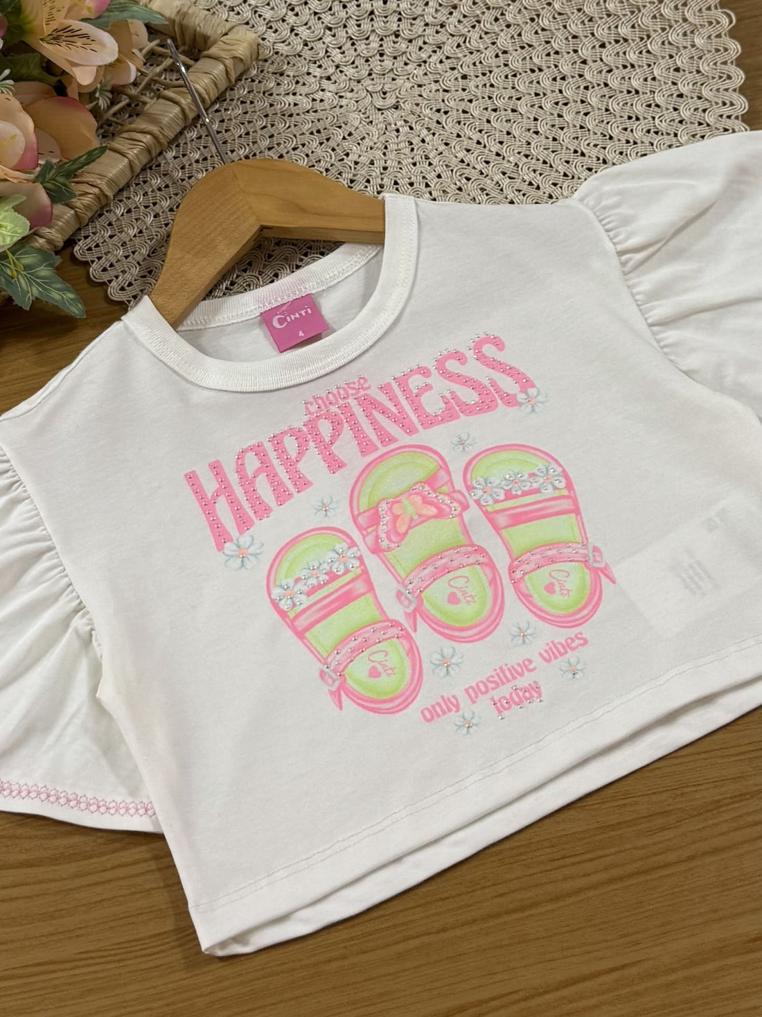 Conjunto Infantil Cinti Verão com Shorts Saia Rosa e Blusa Branca Happiness