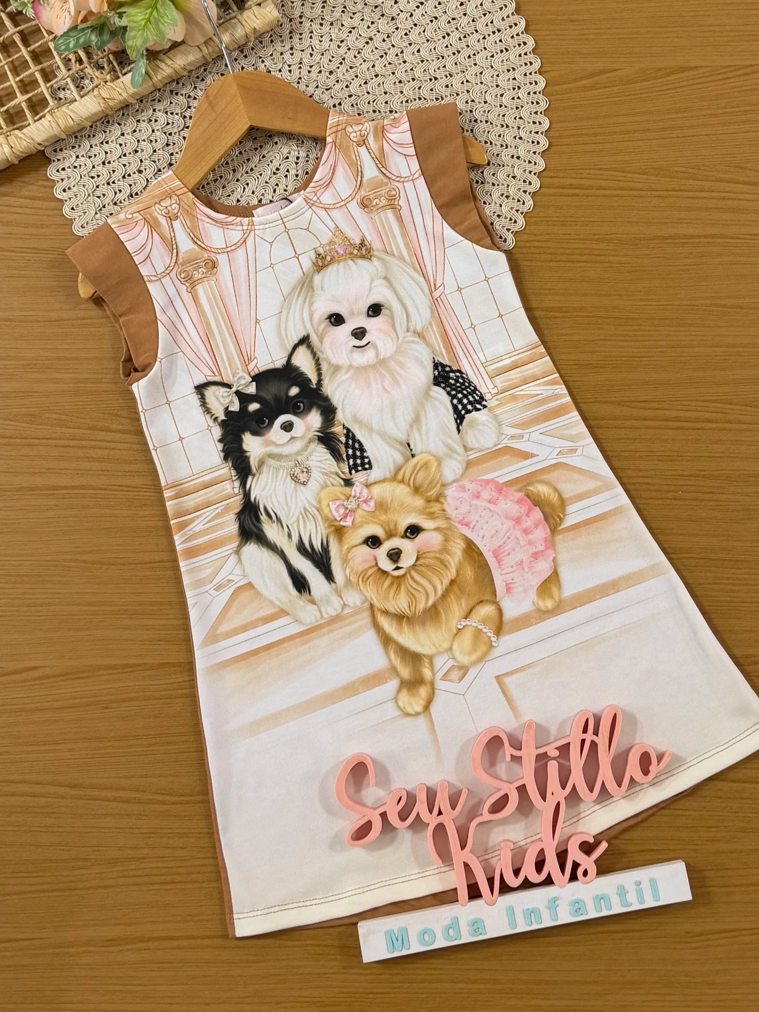 Vestido Infantil Kukiê Marrom Cachorrinhos