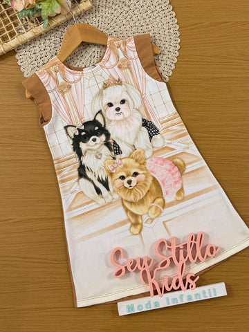 Vestido Infantil Kukiê Marrom Cachorrinhos