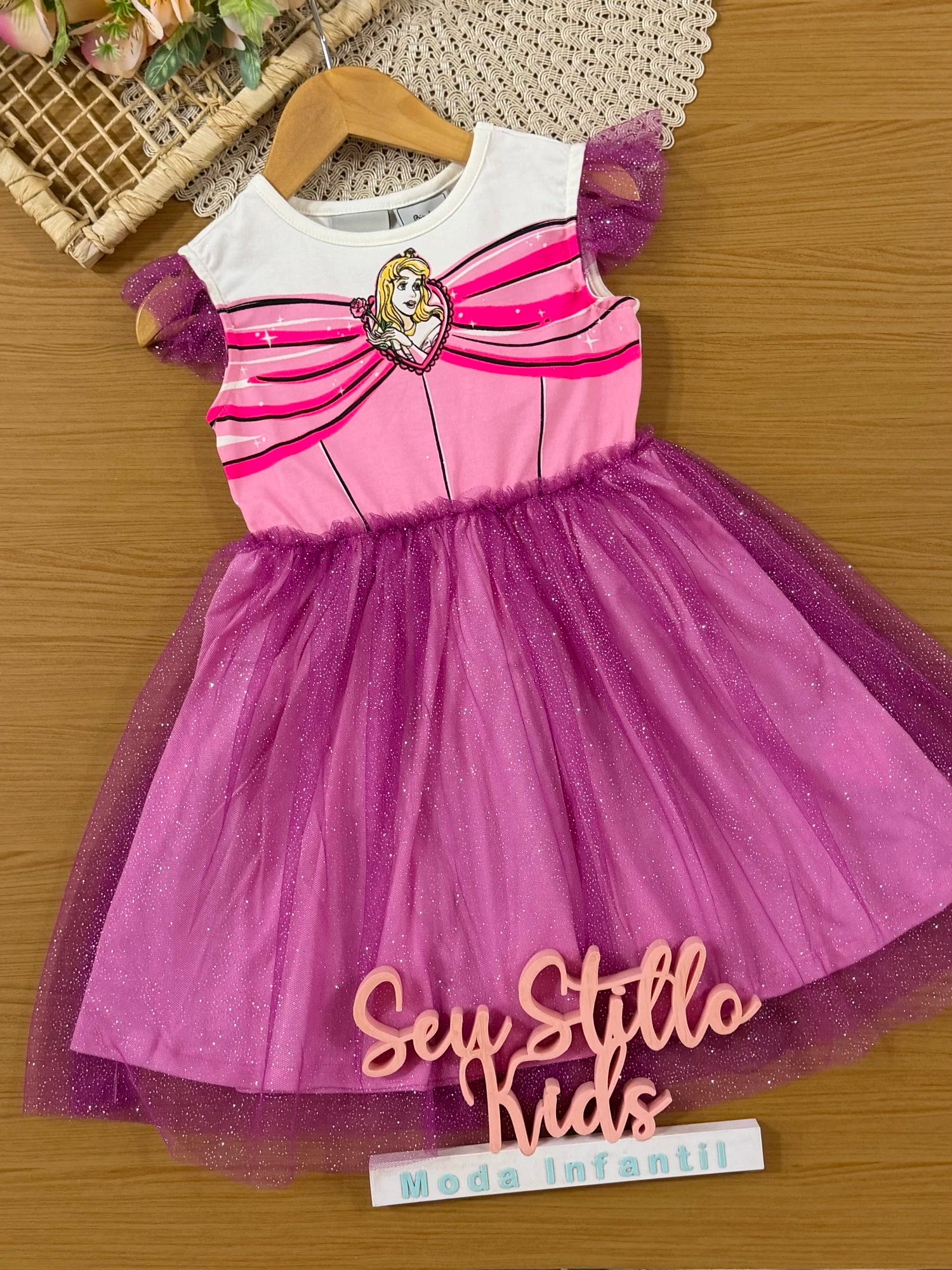 Vestido Infantil Bimbi Inverno com Tule e Brilho Rosa Aurora Disney