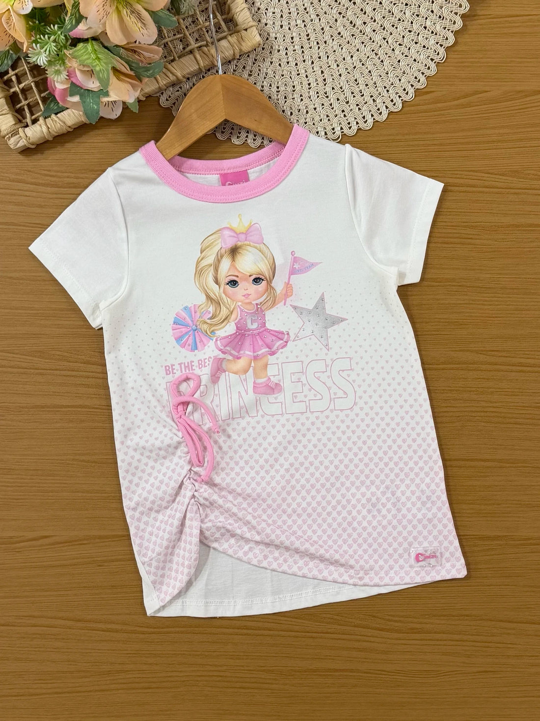 Conjunto Infantil Cinti Verão com Calça Legging Rosa Holografico e Blusa Lider de Torcida
