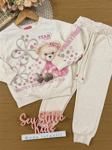 Conjunto Infantil Cinti Inverno com Calça e Moletom Flanelado Off White Ursinha