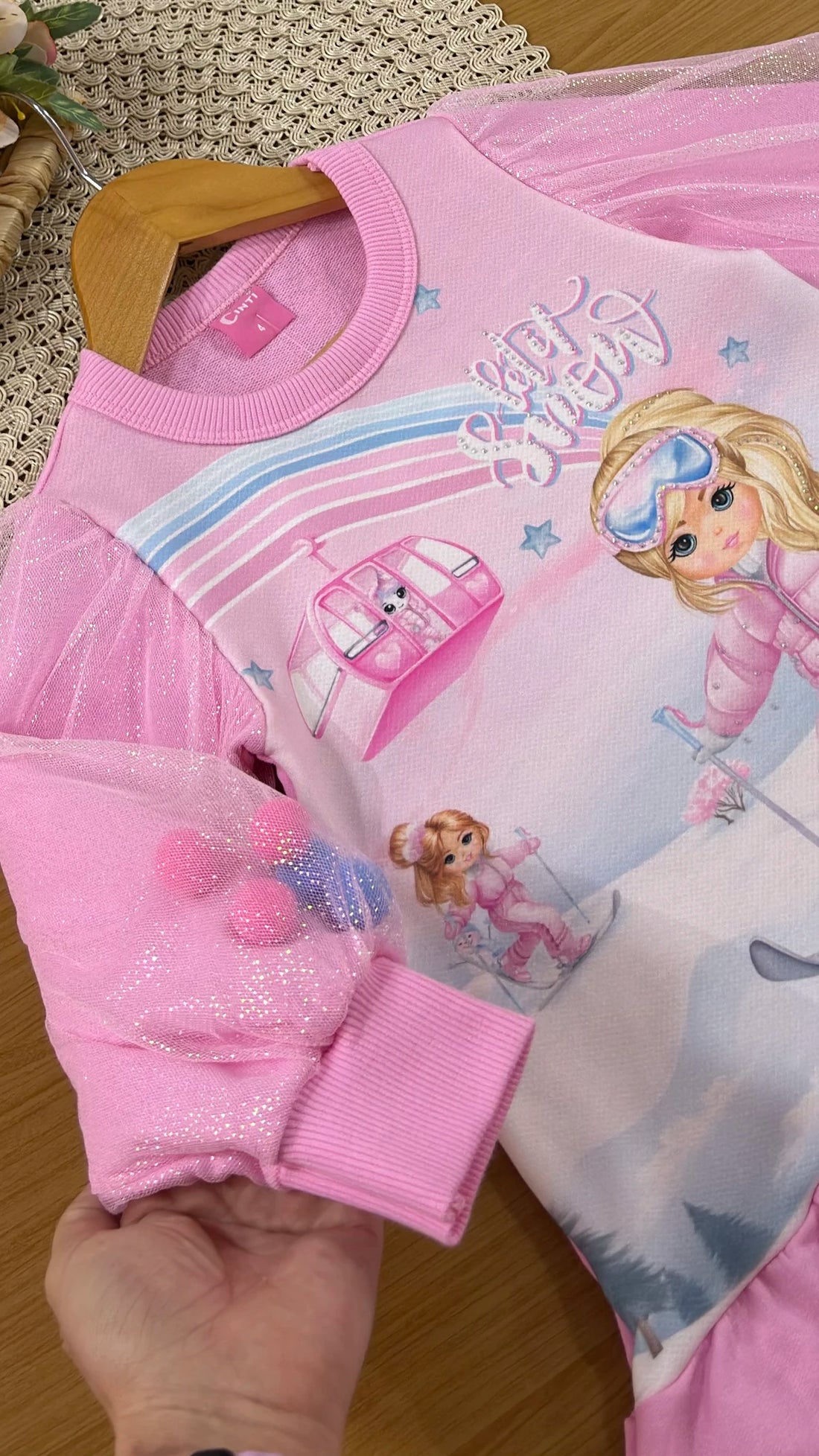 Vestido Infantil Cinti Inverno Sem Flanela com Tule Rosa Menininha na Neve