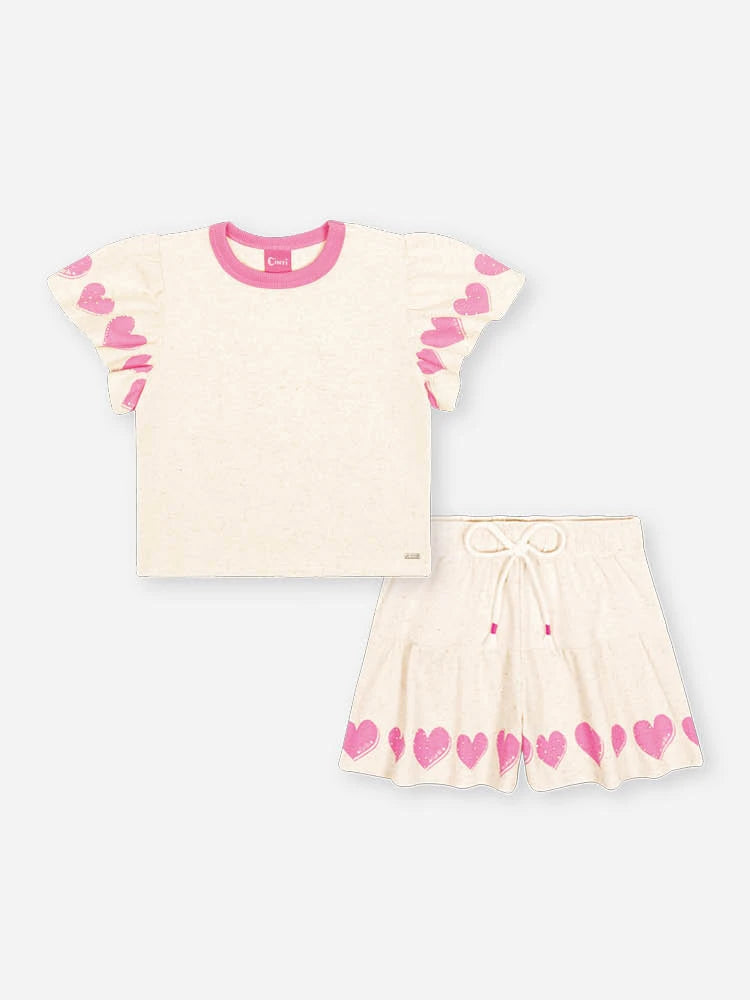 Conjunto Infantil Cinti Inverno com Shorts e Blusa Manga Curta Off White Corações