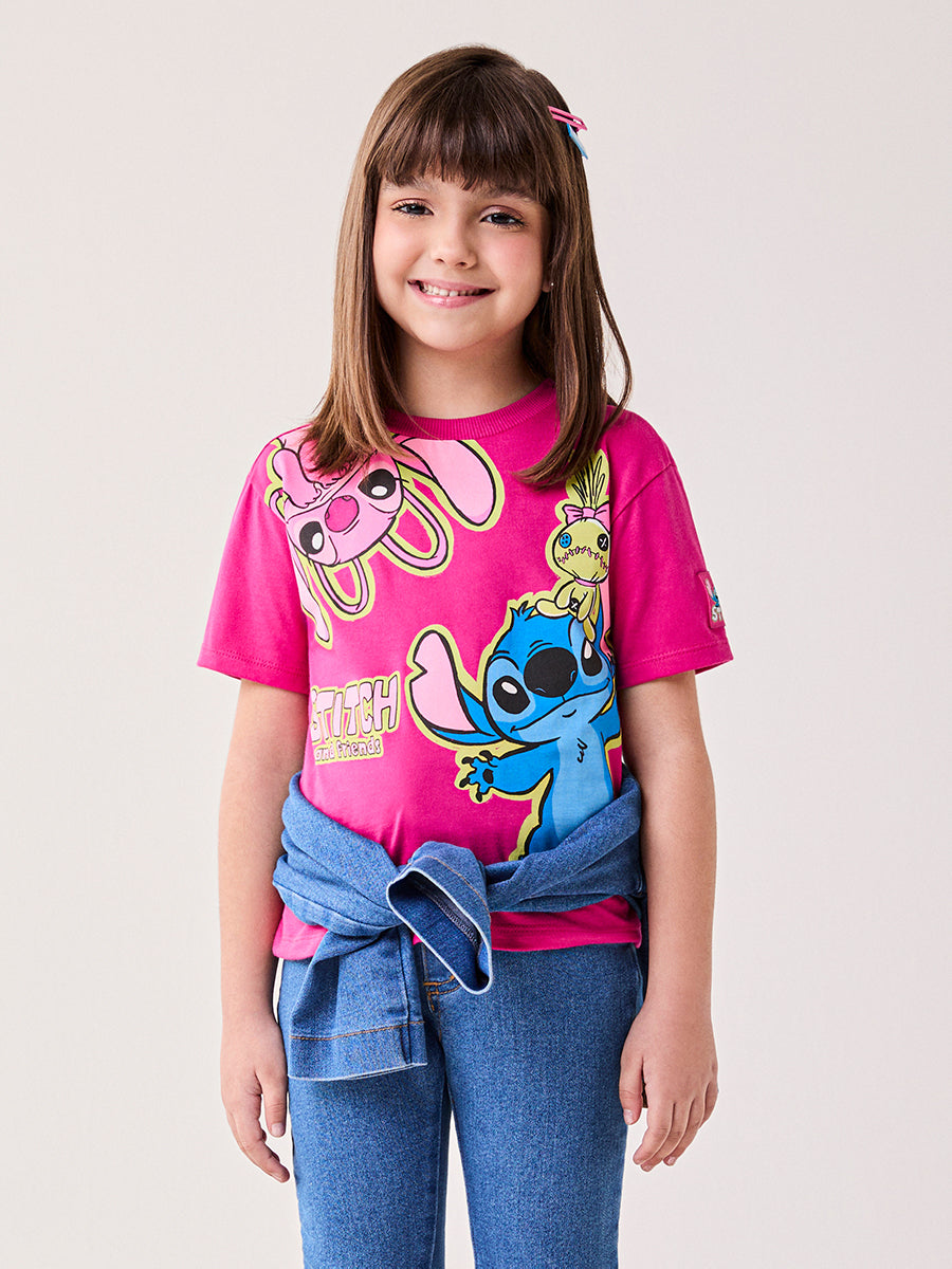 Blusa Infantil Bimbi Inverno Manga Curta Rosa Stitch e Angel Friends Disney