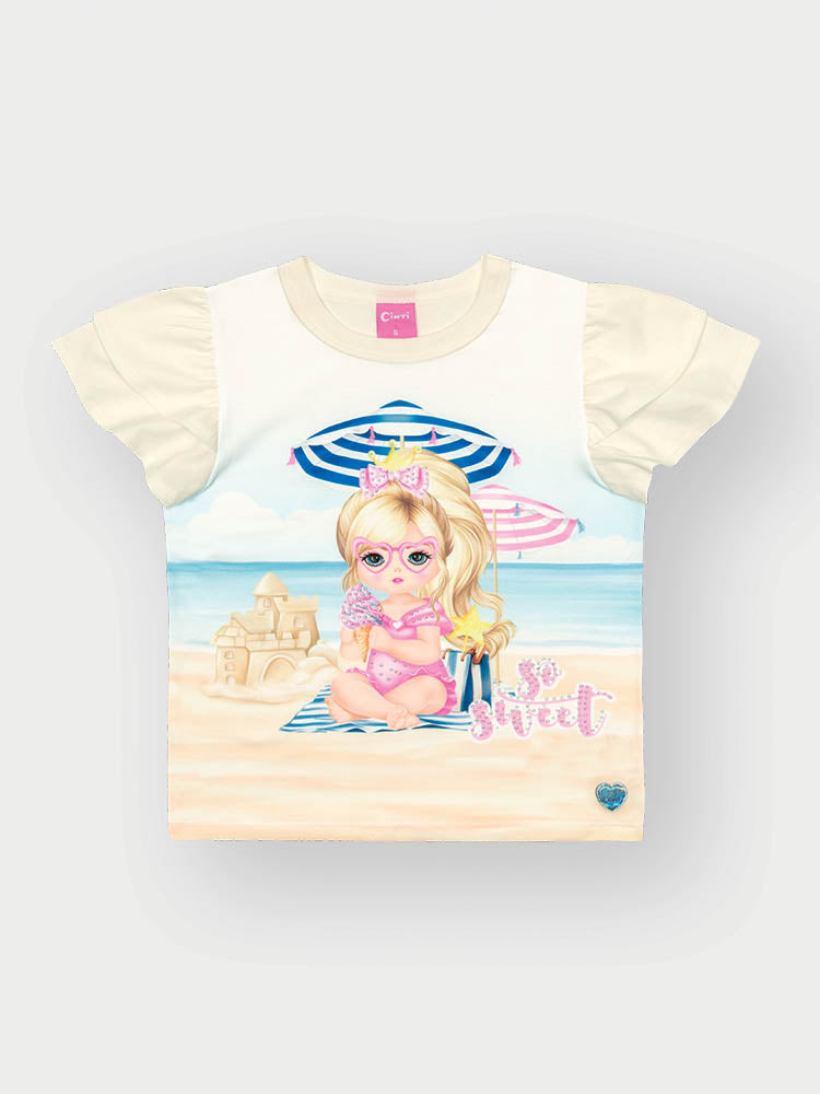 Blusa Infantil Cinti Verão Branca Menina na Praia com Strass