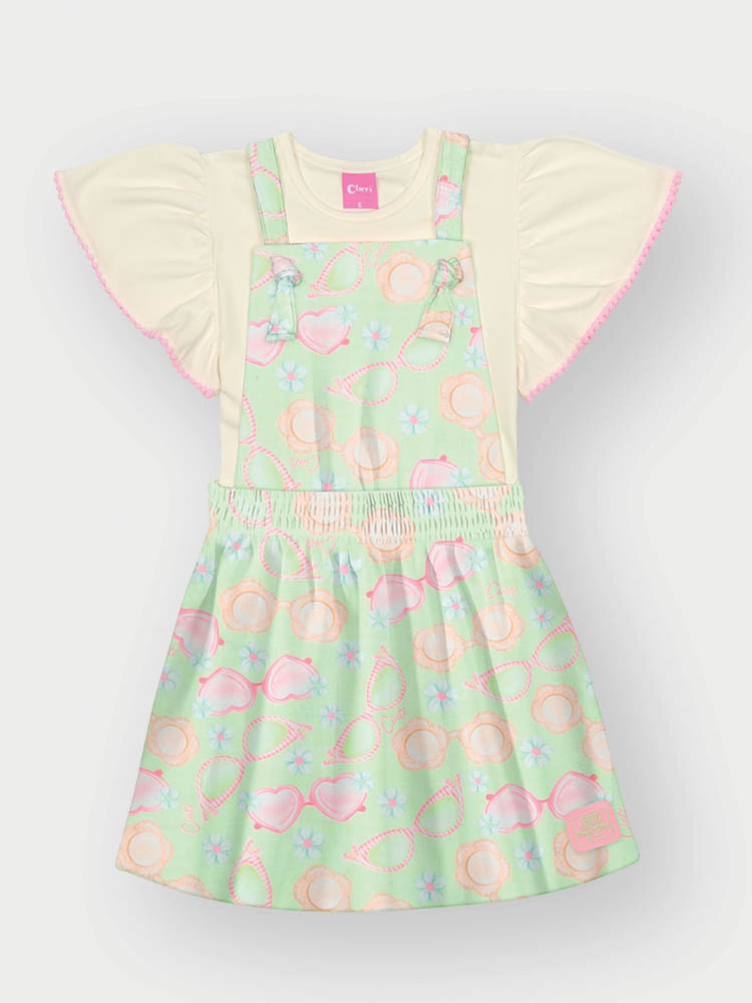Salopete Infantil Cinti Verão Verde Floral com Blusa Branca