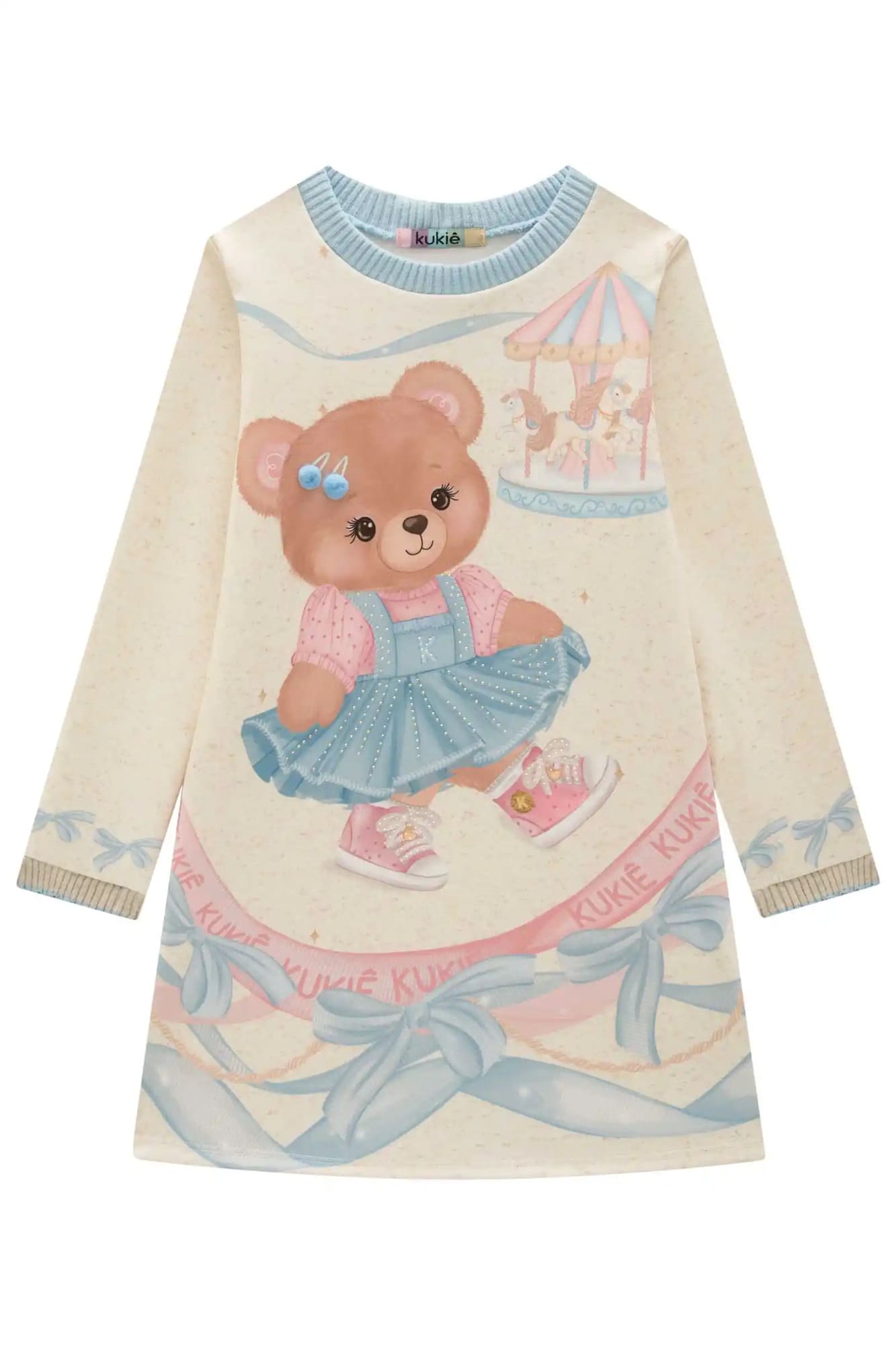 Vestido Infantil Kukiê Inverno Rosa Ursinha Carrosel