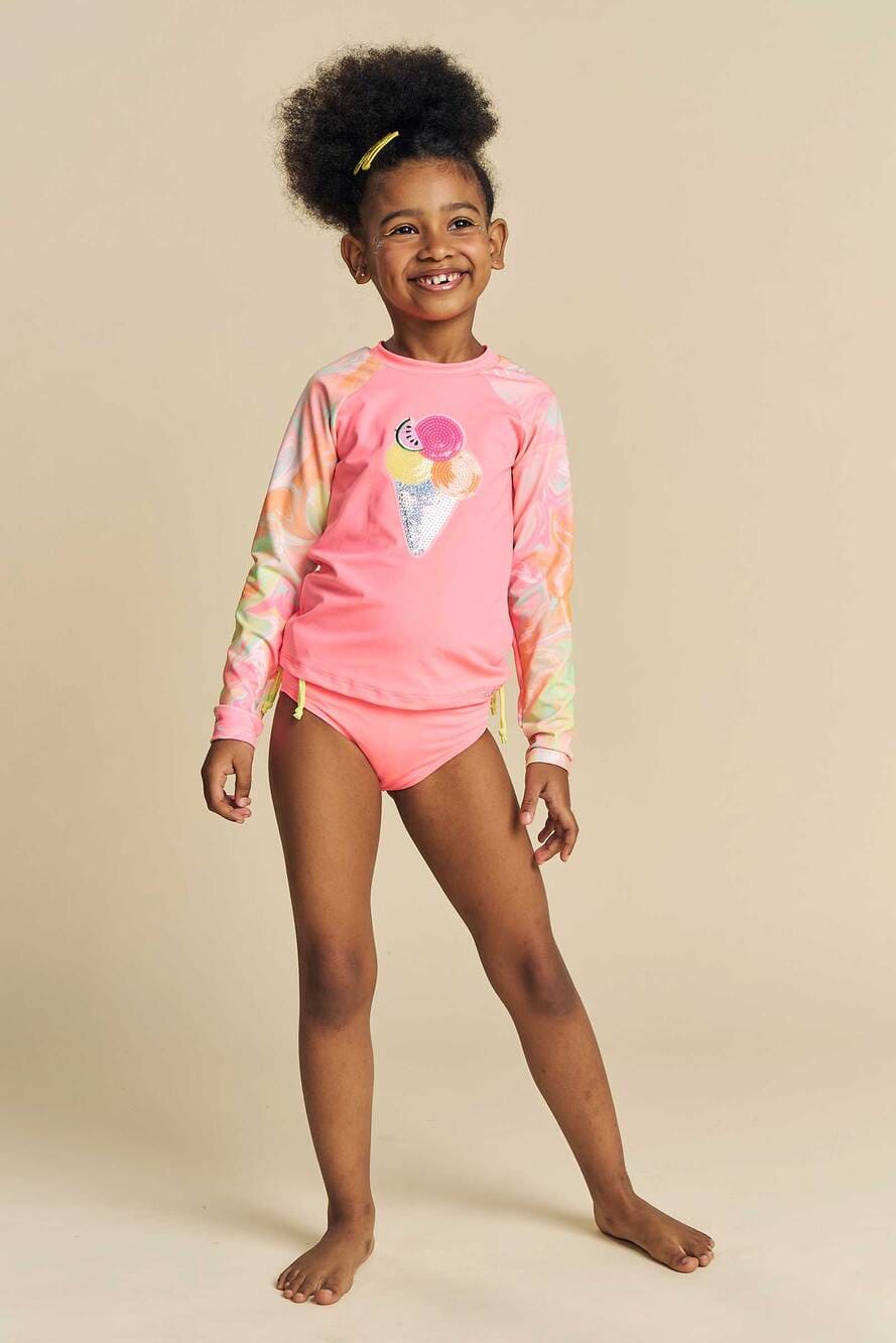 Biquíni iInfantil Kukie Verão com Blusa Manga Longa Rosa Sorvete