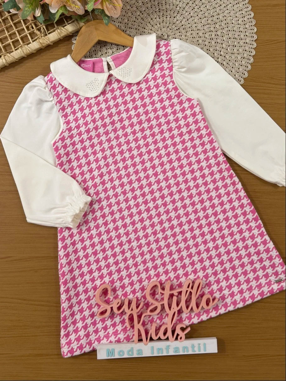 Vestido Infantil Cinti Inverno Pied-de-Poule Rosa