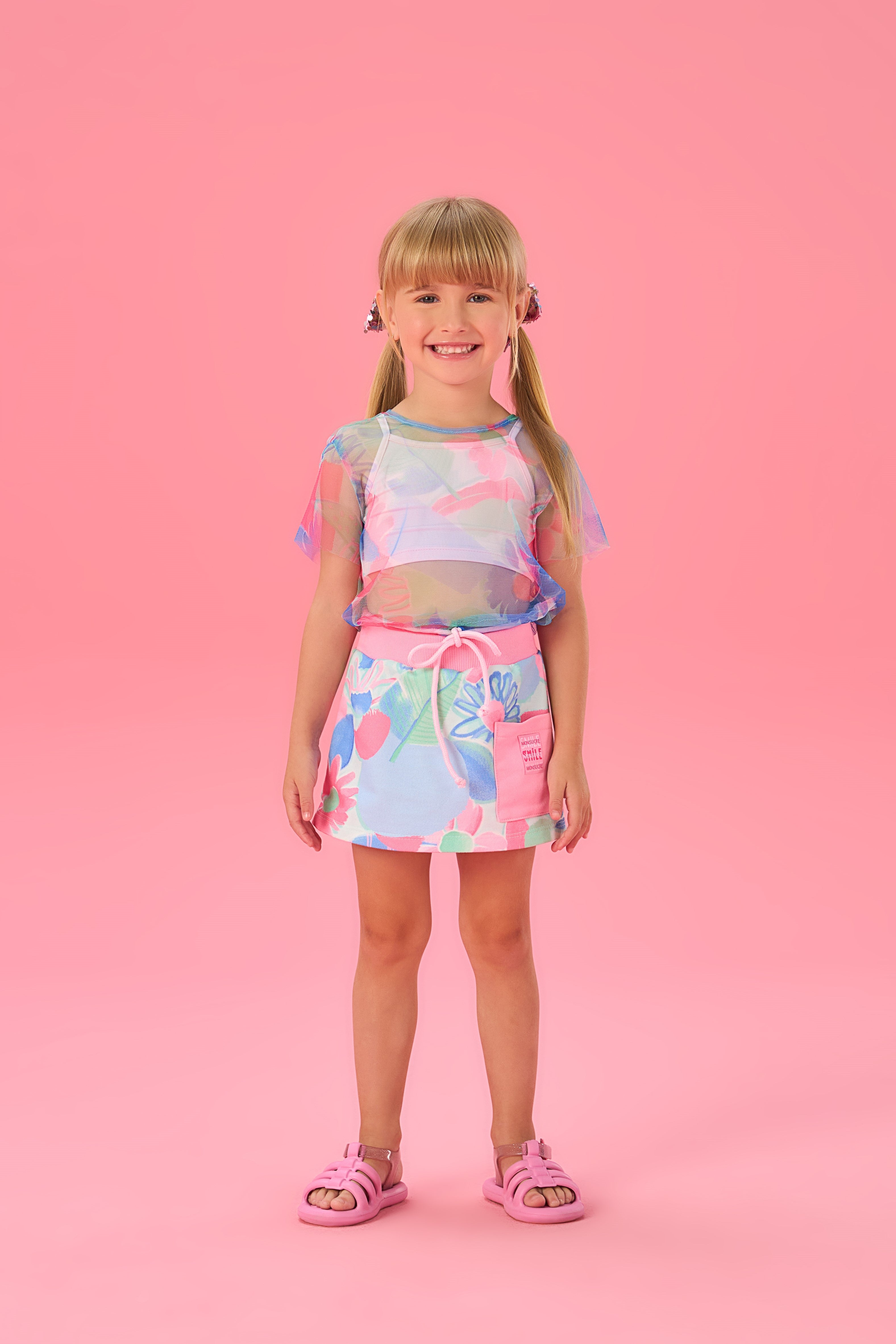 Conjunto Infantil Mon Sucre Verão Com Saia E Top Rosa Em Sobreposição De Tule