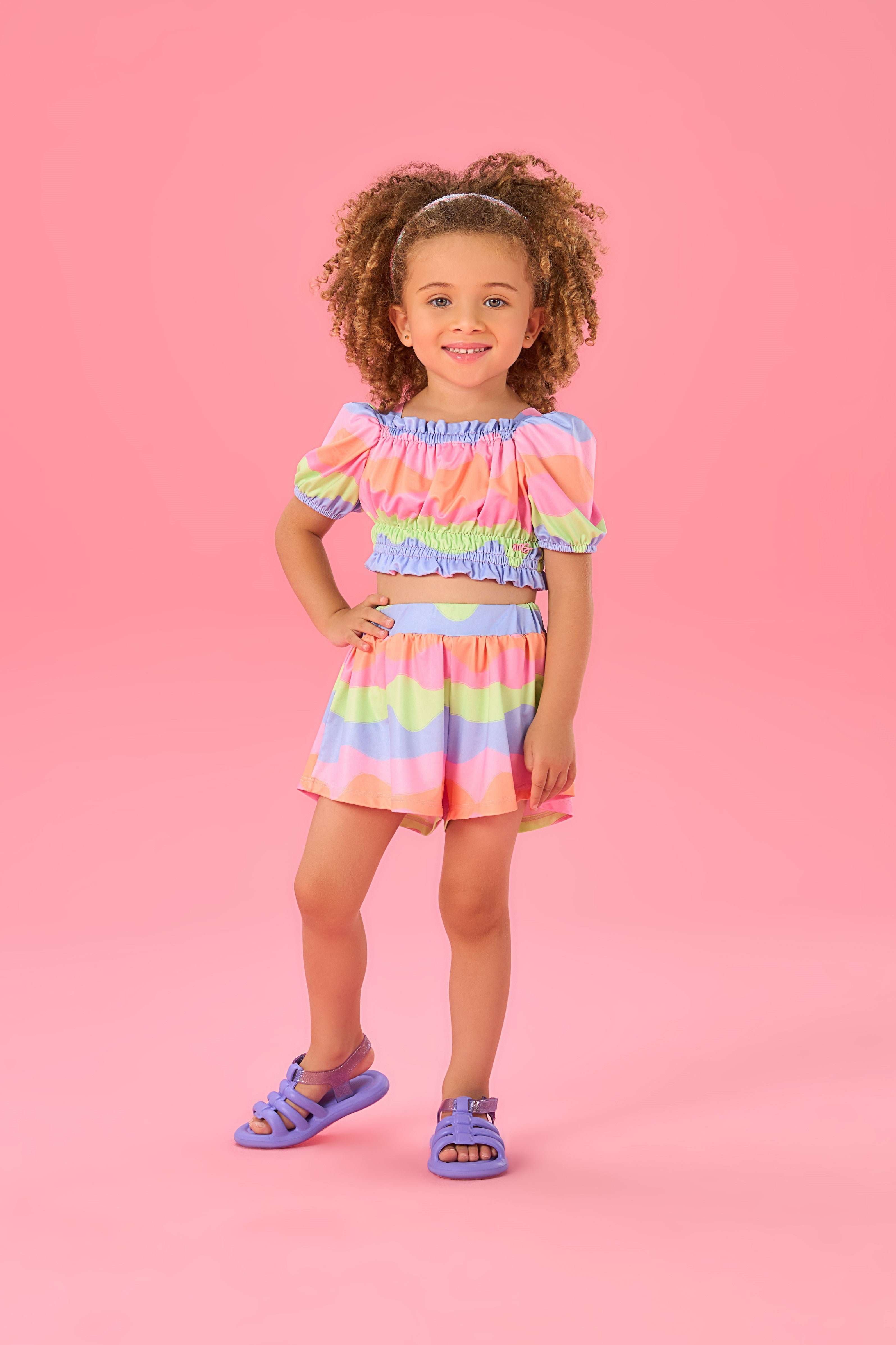 Conjunto Infantil Mon Sucre Verão Com Shorts E Cropped Colorido