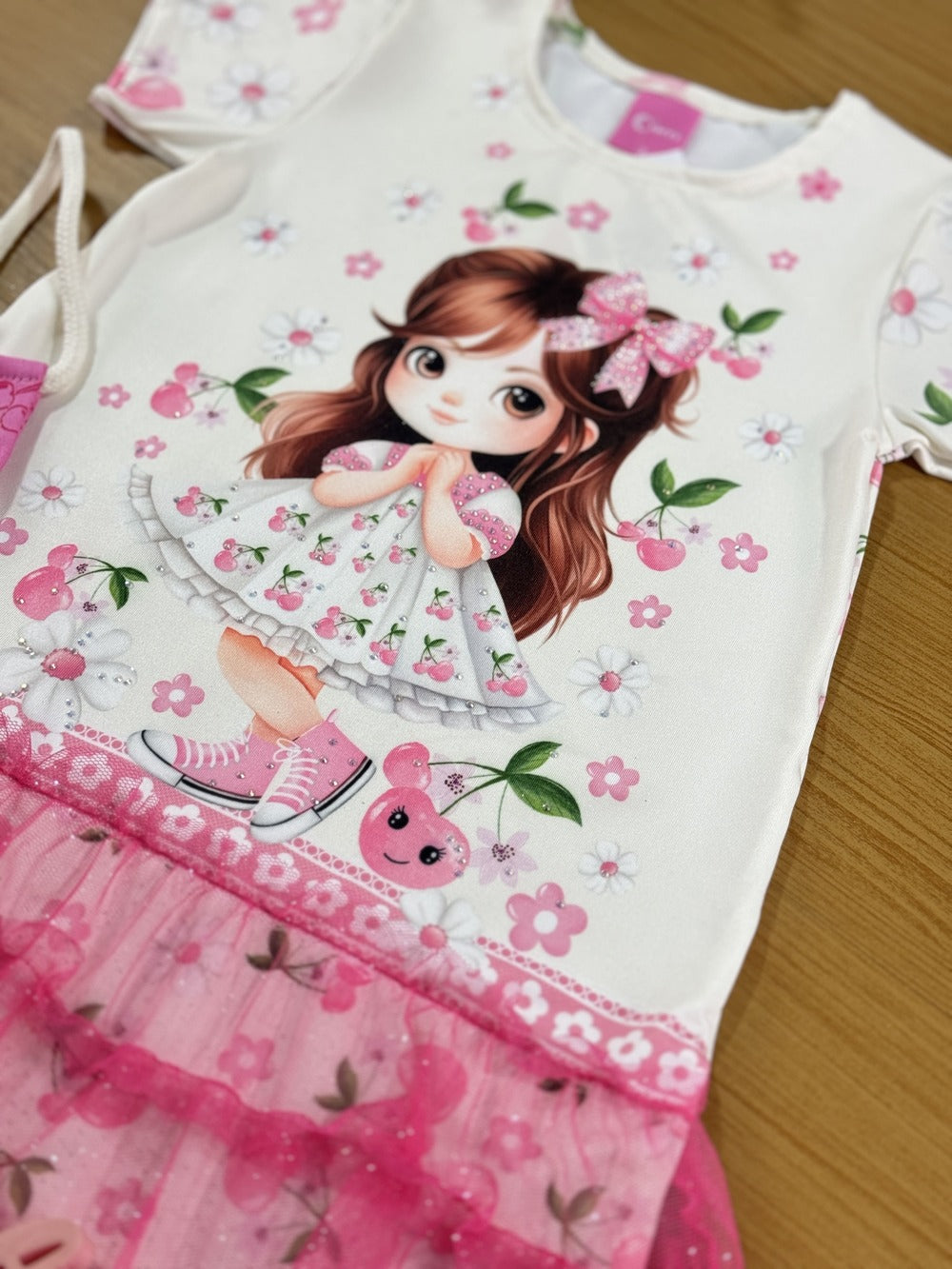 Vestido Infantil Cinti Verão Cerejinha Rosa Com Bolsinha