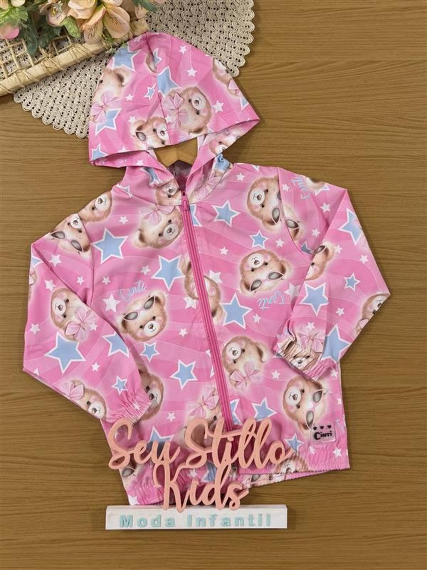 Jaqueta Corta Vento Infantil Cinti Inverno Rosa Ursinhos e Estrelinhas