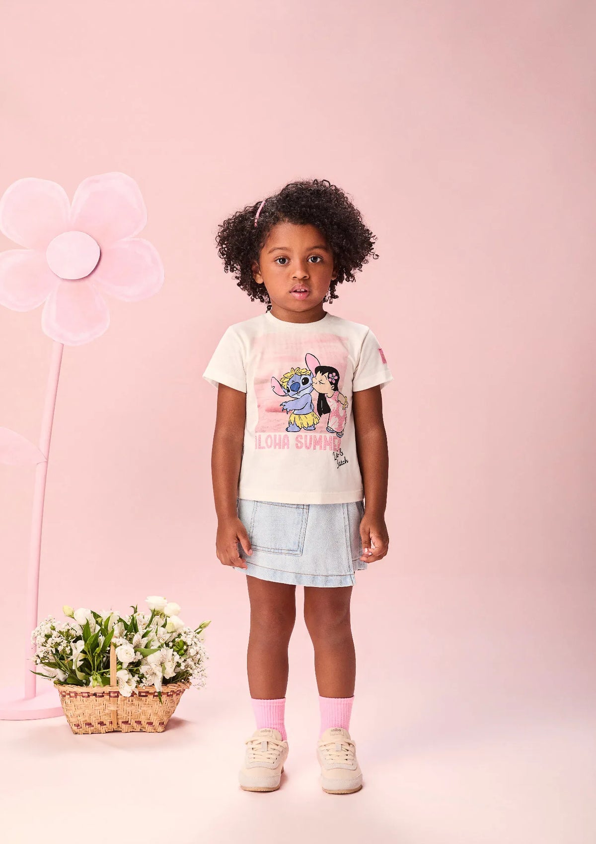 Blusa Infantil Menina Momi Off White Lilo e Stitch Strass Disney
