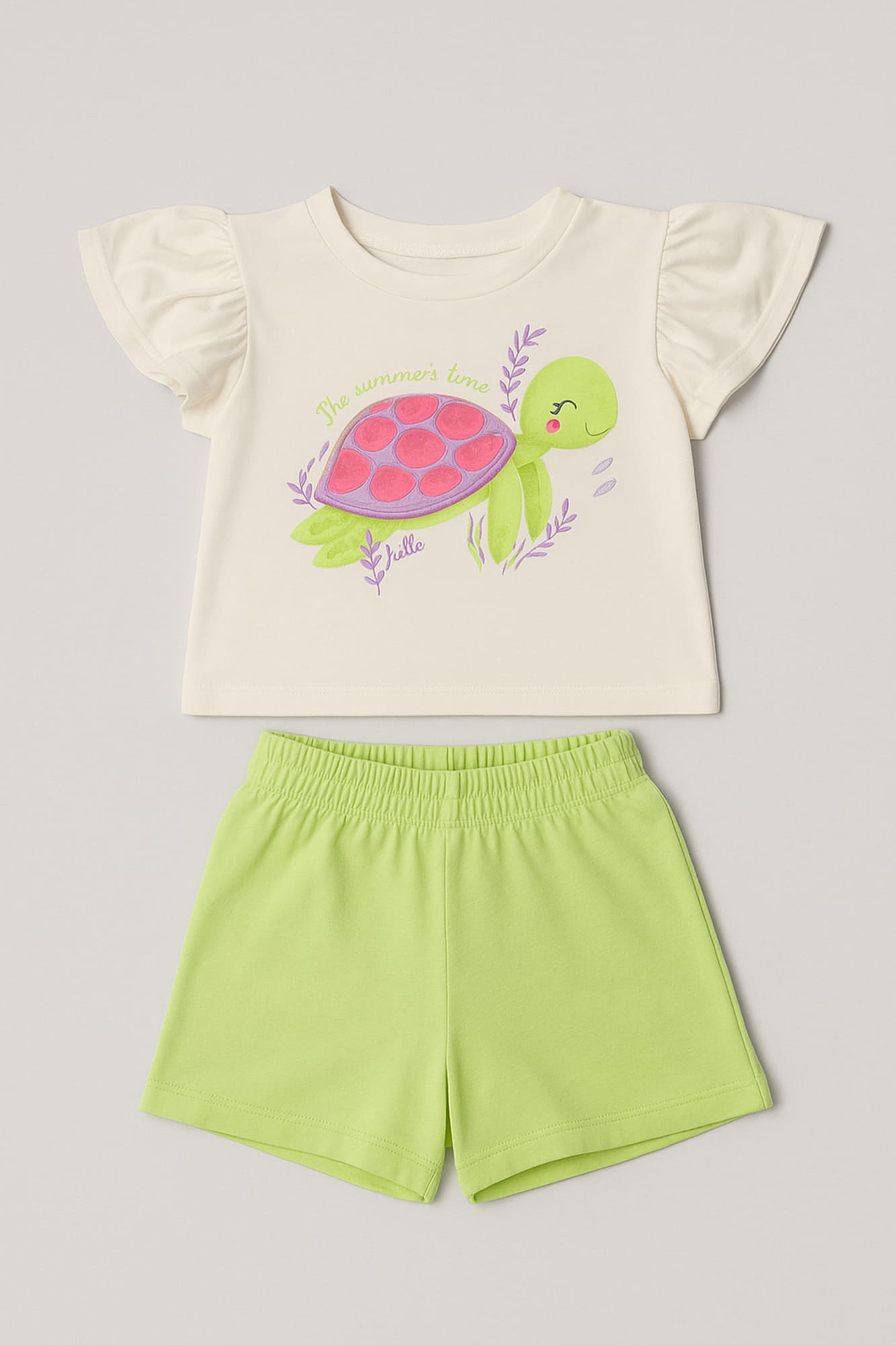 Conjunto Infantil Kukiê Verão com Shorts Verde e Blusa Branca Tartaruga