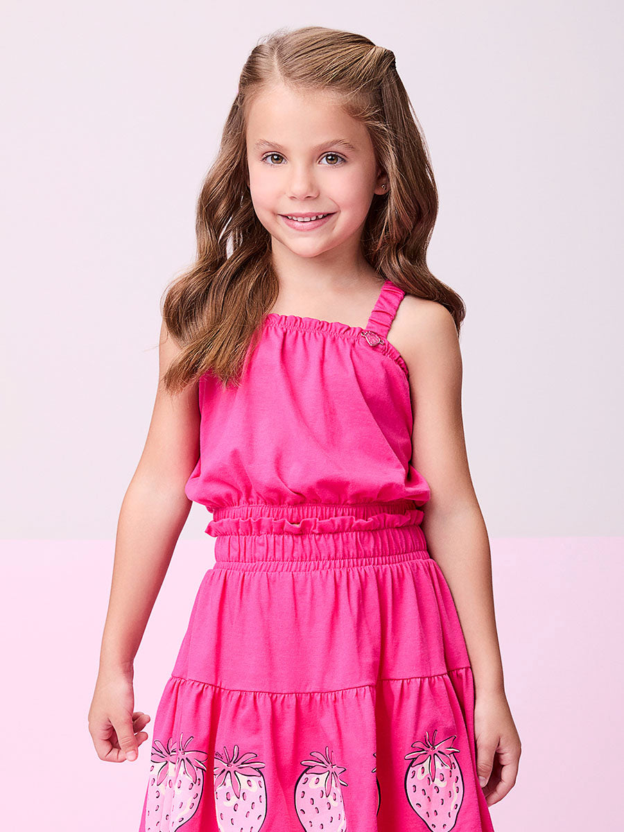 Conjunto Infantil Momi Verão Saia e Cropped Rosa Morango