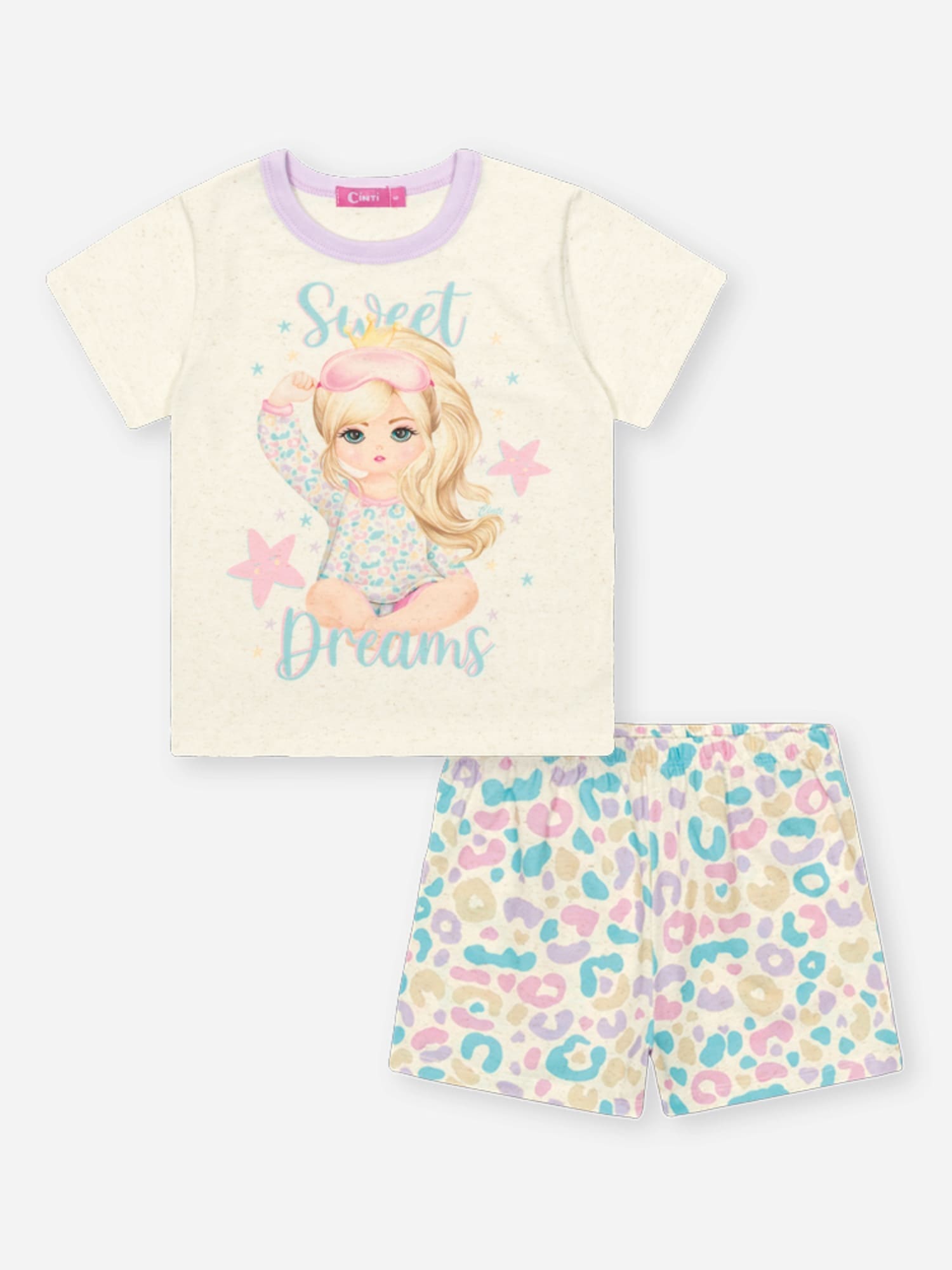 Pijama Infantil Cinti Verão com Shorts e Blusa Off White Princesa