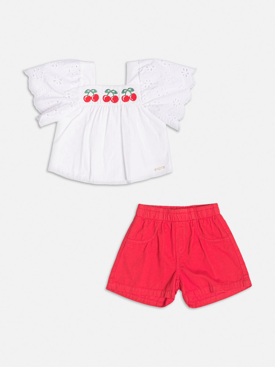 Conjunto Infantil Momi Verão Shorts Vermelho e Blusa Cerejinha