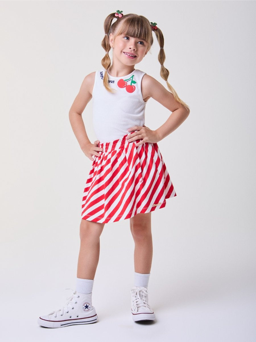 Conjunto Infantil Bimbi Verão com Saia Listrada e Regata Branca Cerejinha