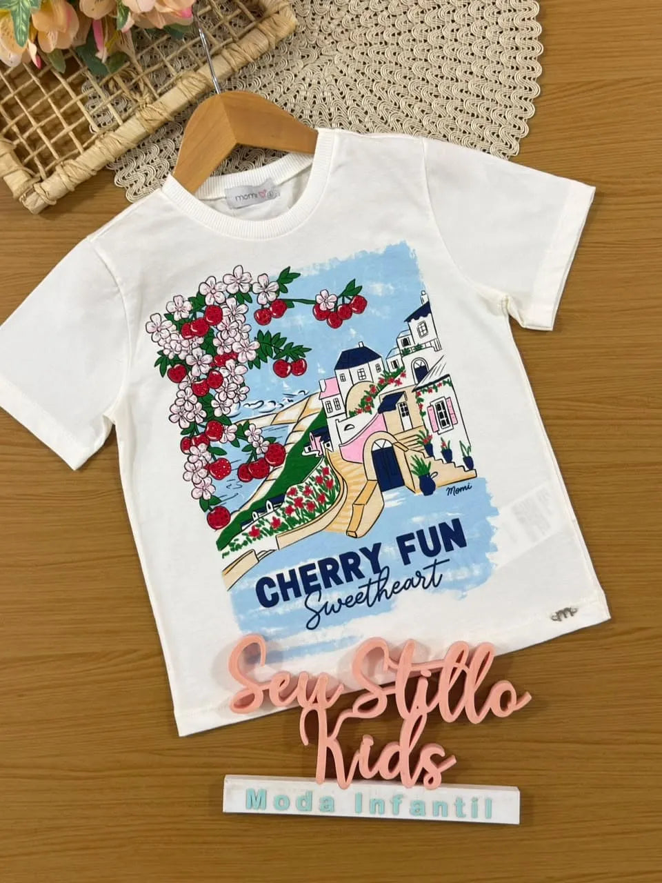 Blusa Infantil Menina Momi Branca Cherry Fun com Strass