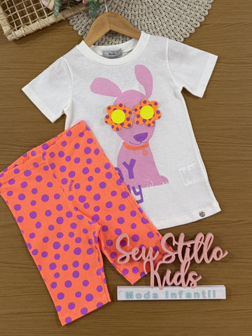 Conjunto Infantil Bimbi Verão com Shorts Ciclista Laranja e Blusa Branca Stay Sunny