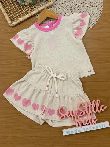 Conjunto Infantil Cinti Inverno com Shorts e Blusa Manga Curta Off White Corações