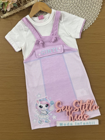 Salopete Infantil Cinti Verão Lilás Unicórnio Tênista com Blusa Branca