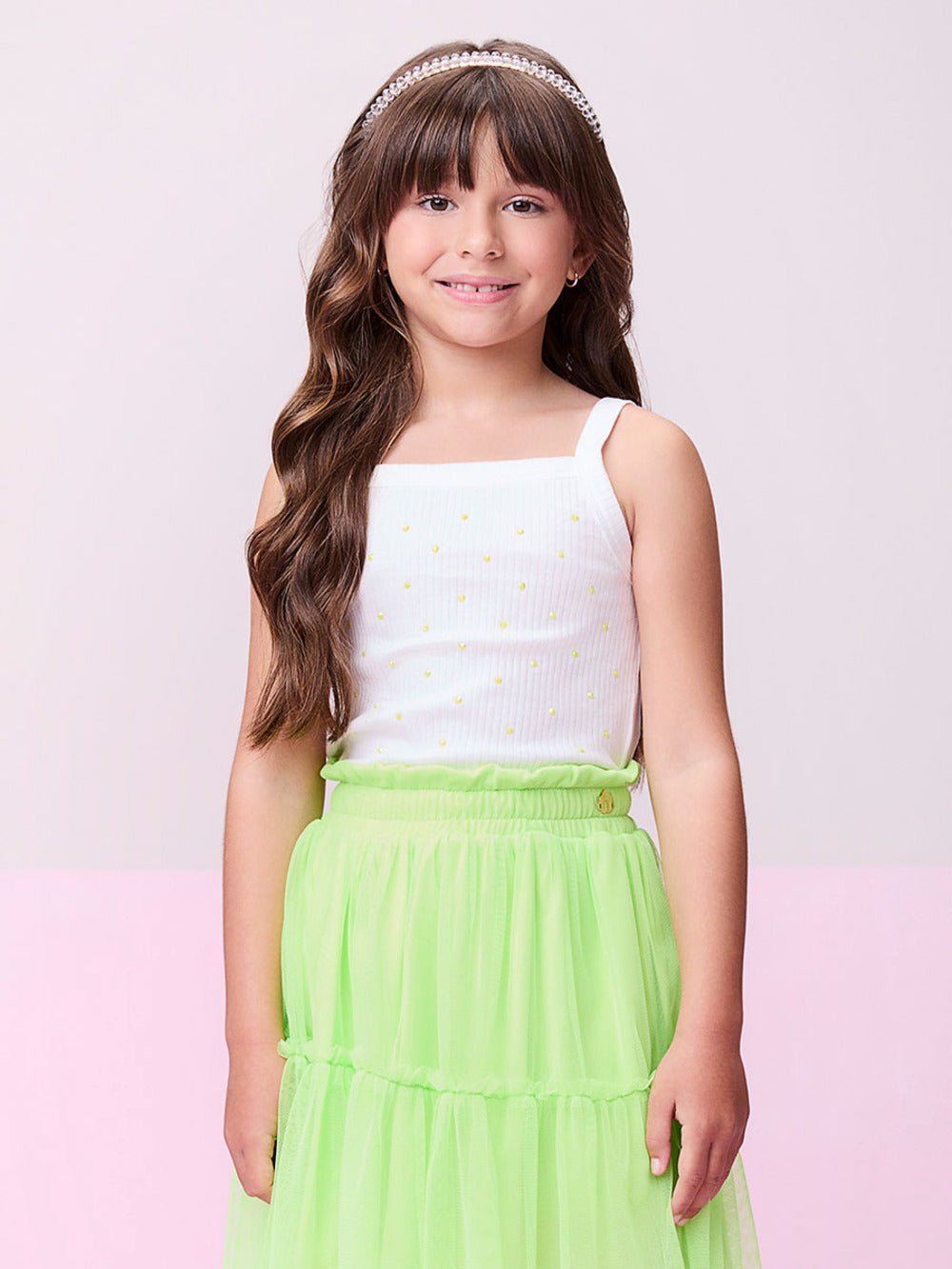 Conjunto Infantil Momi Verão Saia em Tule Verde e Blusa Canelada Com Brilho