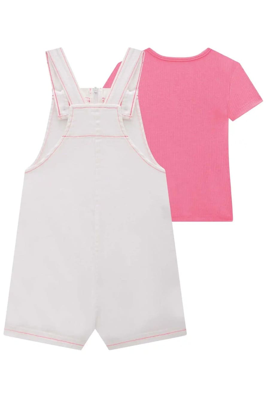 Jardineira Infantil Kukie Verão Rosa com Blusa