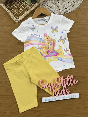 Conjunto Infantil Kukiê com Shorts Ciclista Amarelo e Blusa Manga Curta Sereia