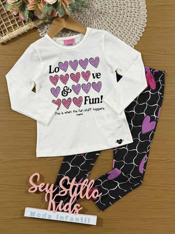 Conjunto Infantil Momi Inverno com Calça Preta e Blusa Branca Corações com Strass