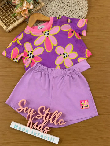Conjunto Infantil Menina Bimbi com Shorts e Blusa Lilás com Sobreposição em Tela Florida