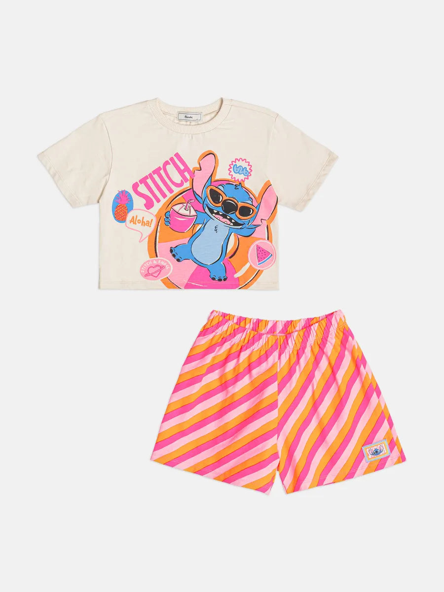 Conjunto Infantil Menina Bimbi Shorts Listrado e Blusa Stitch Verão Disney