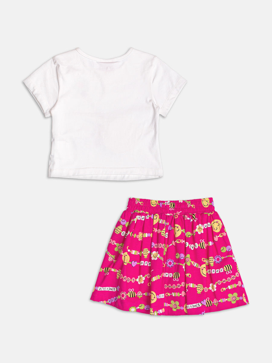 Conjunto Infantil Momi Verão com Saia Rosa e Blusa Branca Bolsinha Smile 3D