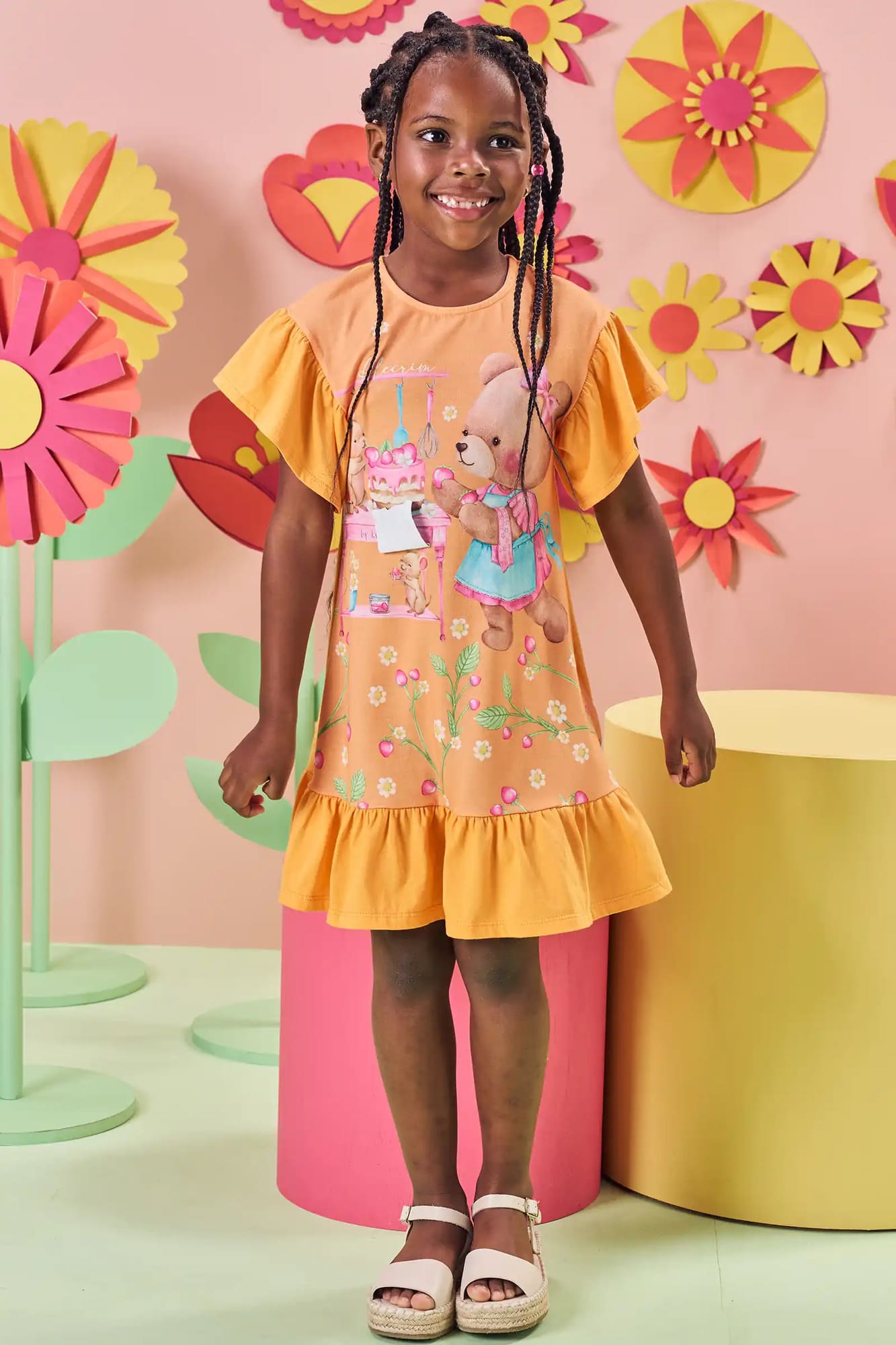 Vestido Infantil Kukiê Verão Laranja Ursinha Confeiteira